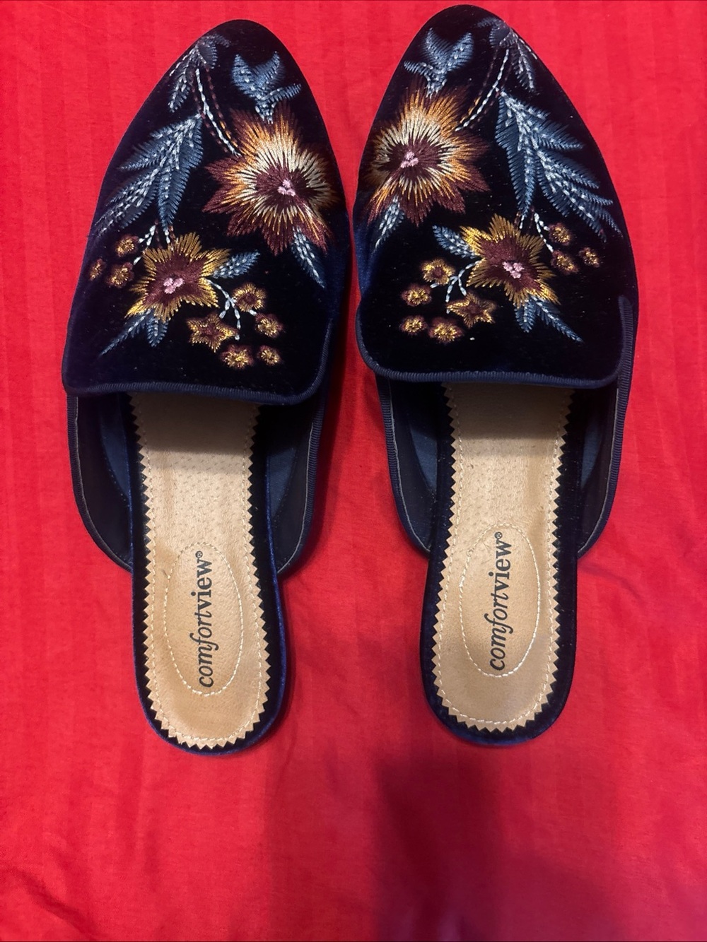 Comfortview Women's Navy Velvet Embroidered Slip-On Mules 10.WW Wide With
